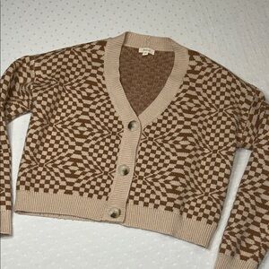 debut Brown and Cream cropped oversized Geometric checkered Knit Cardigan